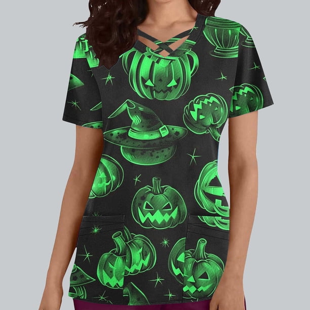 Fiudx Ofertas Relámpago Top de Lactancia con Bolsillo y Cuello En V de Manga Corta con Estampado de Halloween para Mujer