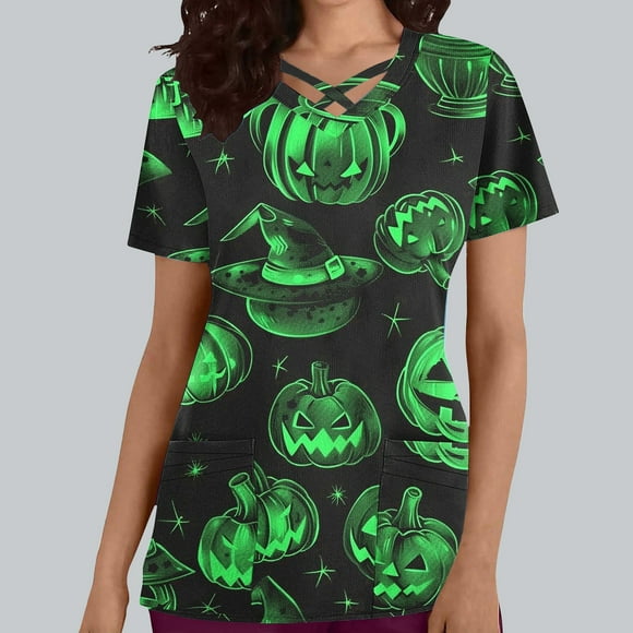 FcBaudy Hauts pour Femmes, Chemisiers et Chemises à Manches Courtes à Col en V pour Femmes, Mode Décontractée d'Halloween Imprimée, Haut d'Allaitement à Manches Courtes à Col en V avec Poche pour Femmes, Blouse en Polyester
