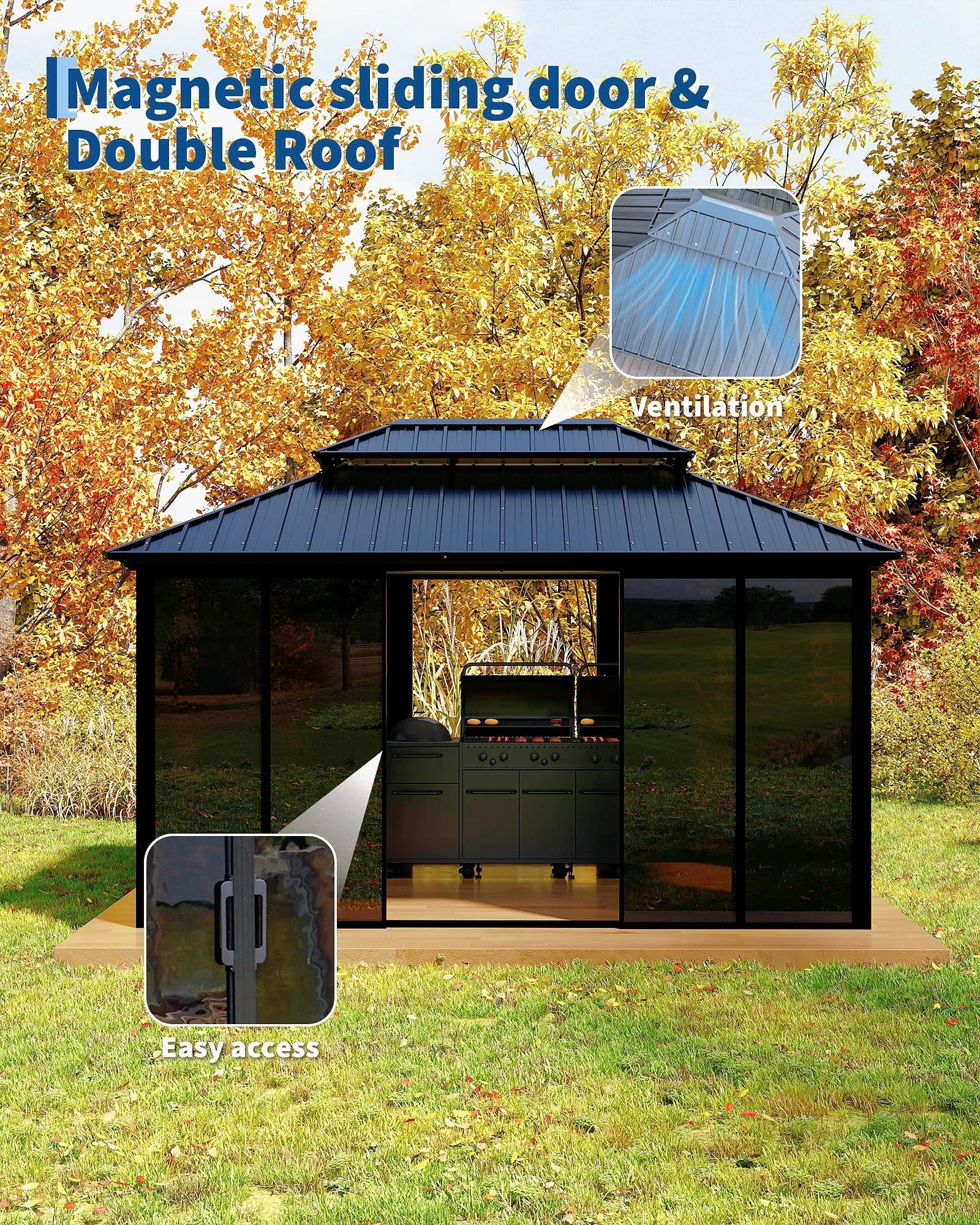 10x14 ft Hardtop Gazebo Sunroom, Aluminum Enclosed Patio Solarium with Polycarbonate Sliding Doors & Double Roof for Deck