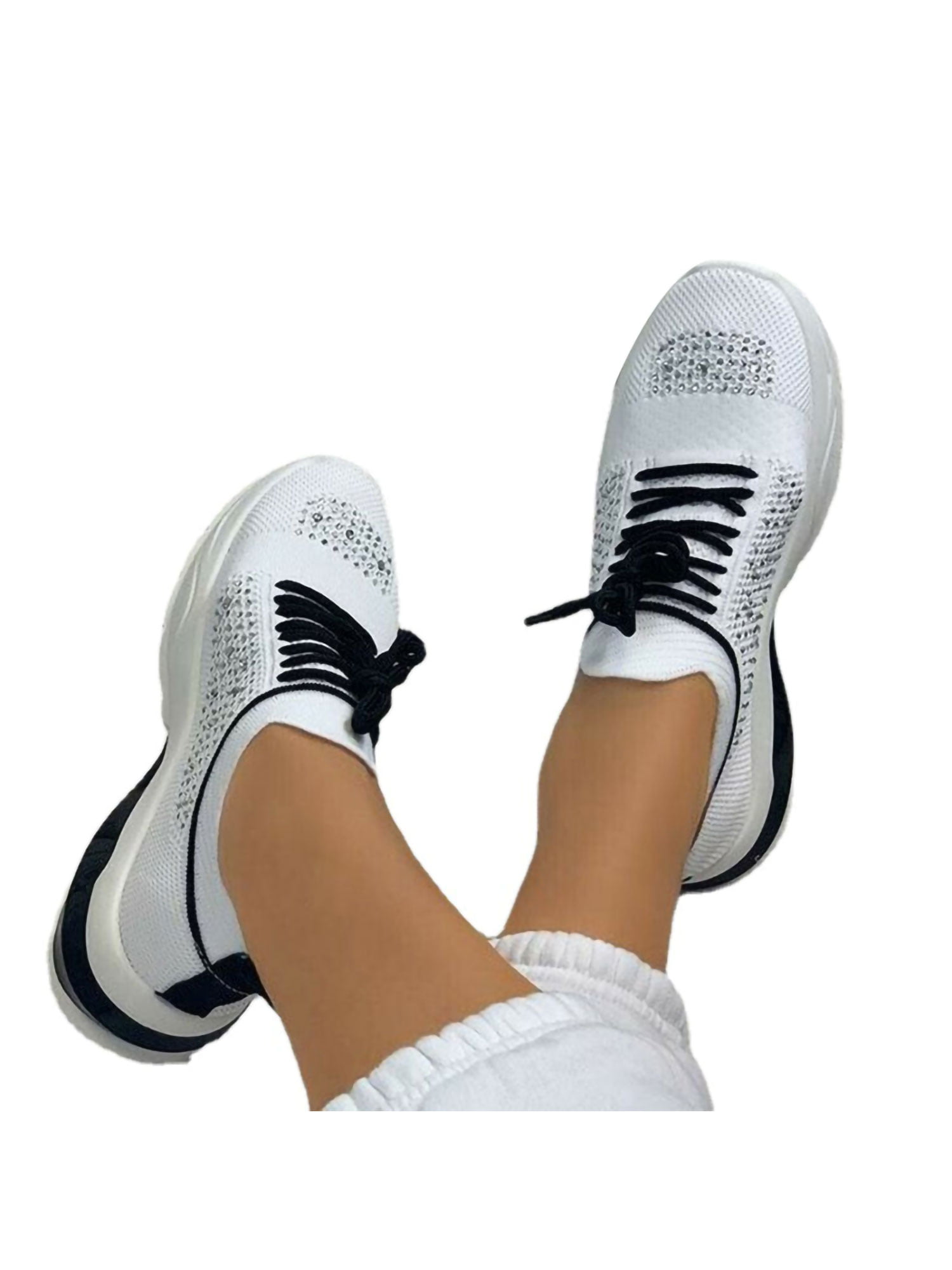 Women Running Trainers Lace Up Sneakers Sports Rhinestone Sock Comfy Shoes Size