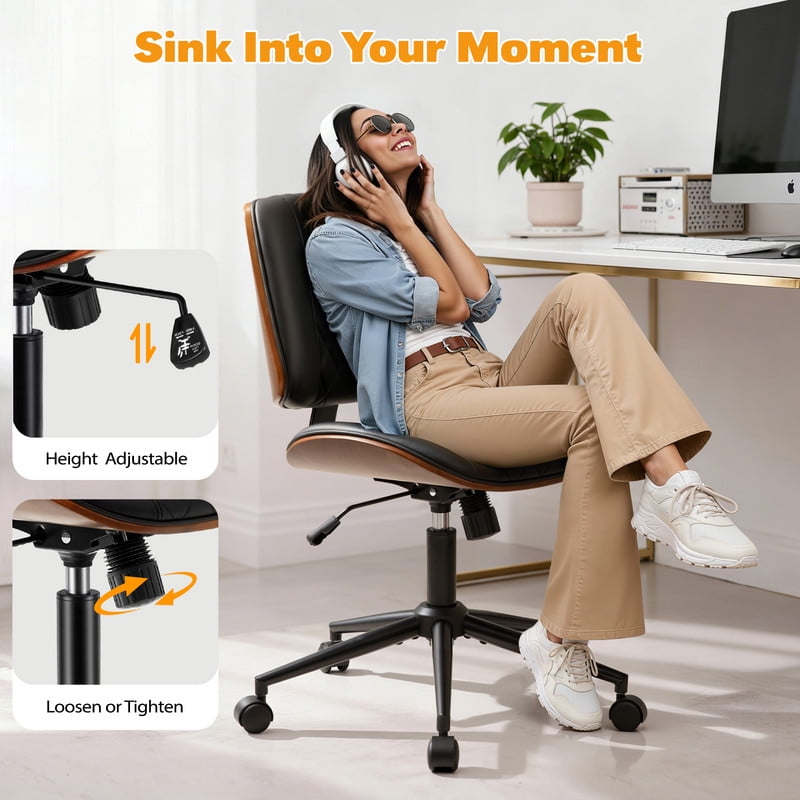 Homall Armless Office Chair, Curved Wood Accent Desk Chair with Adjustable Height, PU Task Chair for for Small Spaces, Black