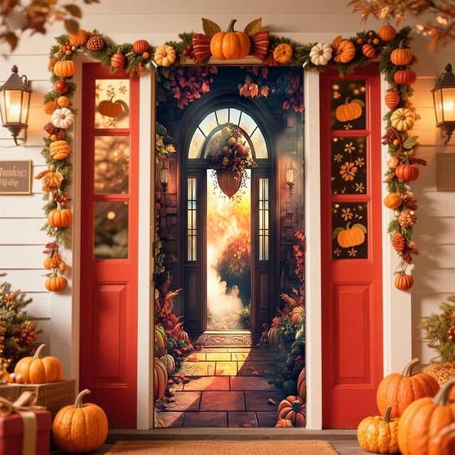 Cubierta de puerta de Acción de Gracias de 35 x 79 pulgadas - Decoración de puerta y pared para Acción de Gracias - Decoración para fiestas de festivales