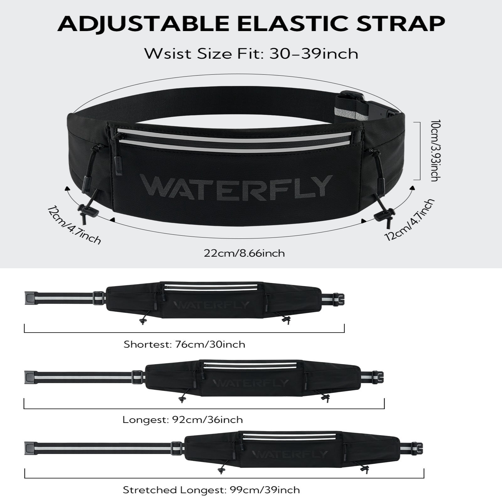 WATERFLY Unisex Adjustable Sports Jogging Fitness Nylon Running Waist Belt Elastic Band,Black