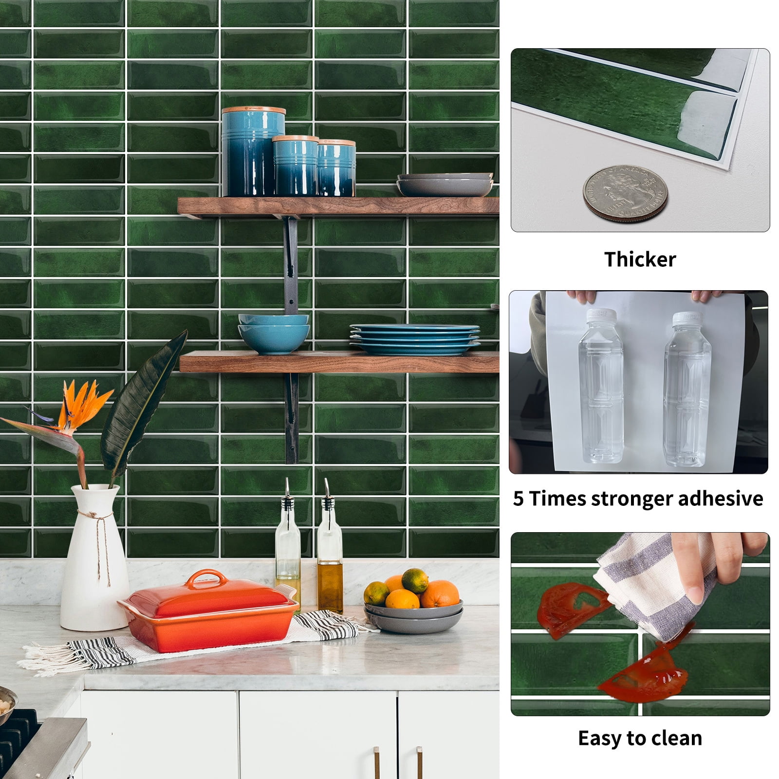 DEWOO Peel and Stick Backsplash - 10 Sheets of 12"×12" - 3D Adhesive Peel and Stick Tile Backsplash for Kitchen, Bathroom, Wall Tile, Emerald Green
