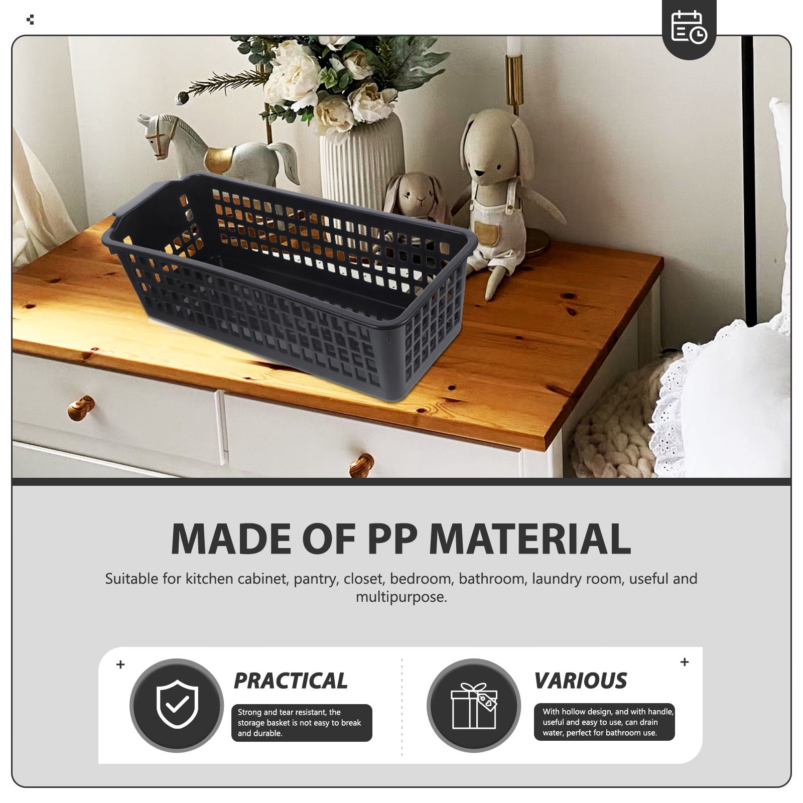 UPOUART Set of 4 Slim Black Storage Baskets with Handles, PP Plastic for Kitchen, Bathroom, Bedroom Organization