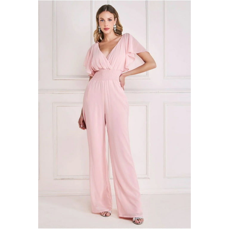 Goddiva Women s Chiffon Jumpsuit with Flutter Sleeves Pink Full Length Jumpsuits