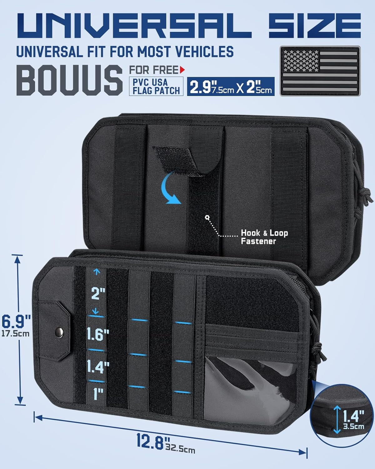 Molle Car Sun Visor Organizer with Zipper Storage Pouch & Glasses Holder, Auto Semi-Rigid MOLLE Panel for Police Gear Overland Accessories, Fit Most Cars, Trucks, Patrols Vans