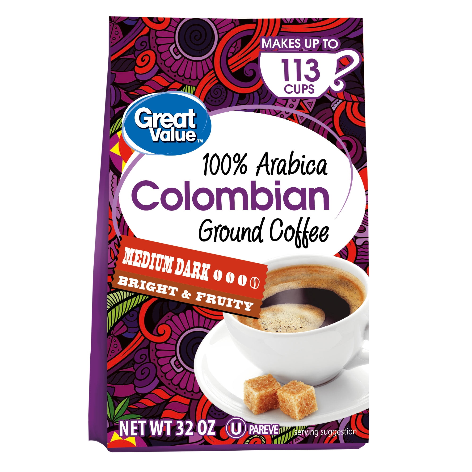 Great Value 100 Arabica Colombian MediumDark Roast Ground Coffee, 32