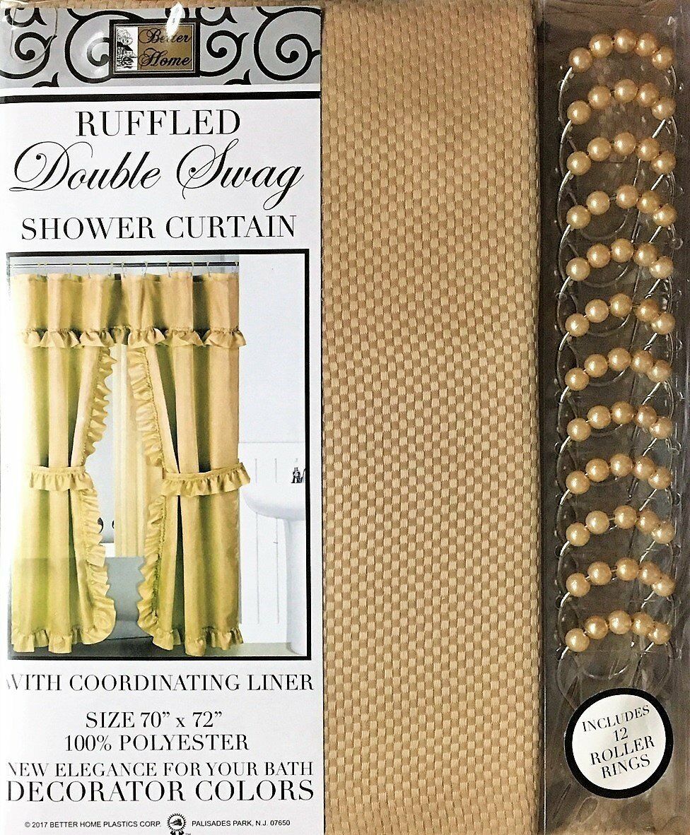 DOUBLE SWAG FABRIC SHOWER CURTAIN, LINER, RINGS, DOBBY DOT DESIGN