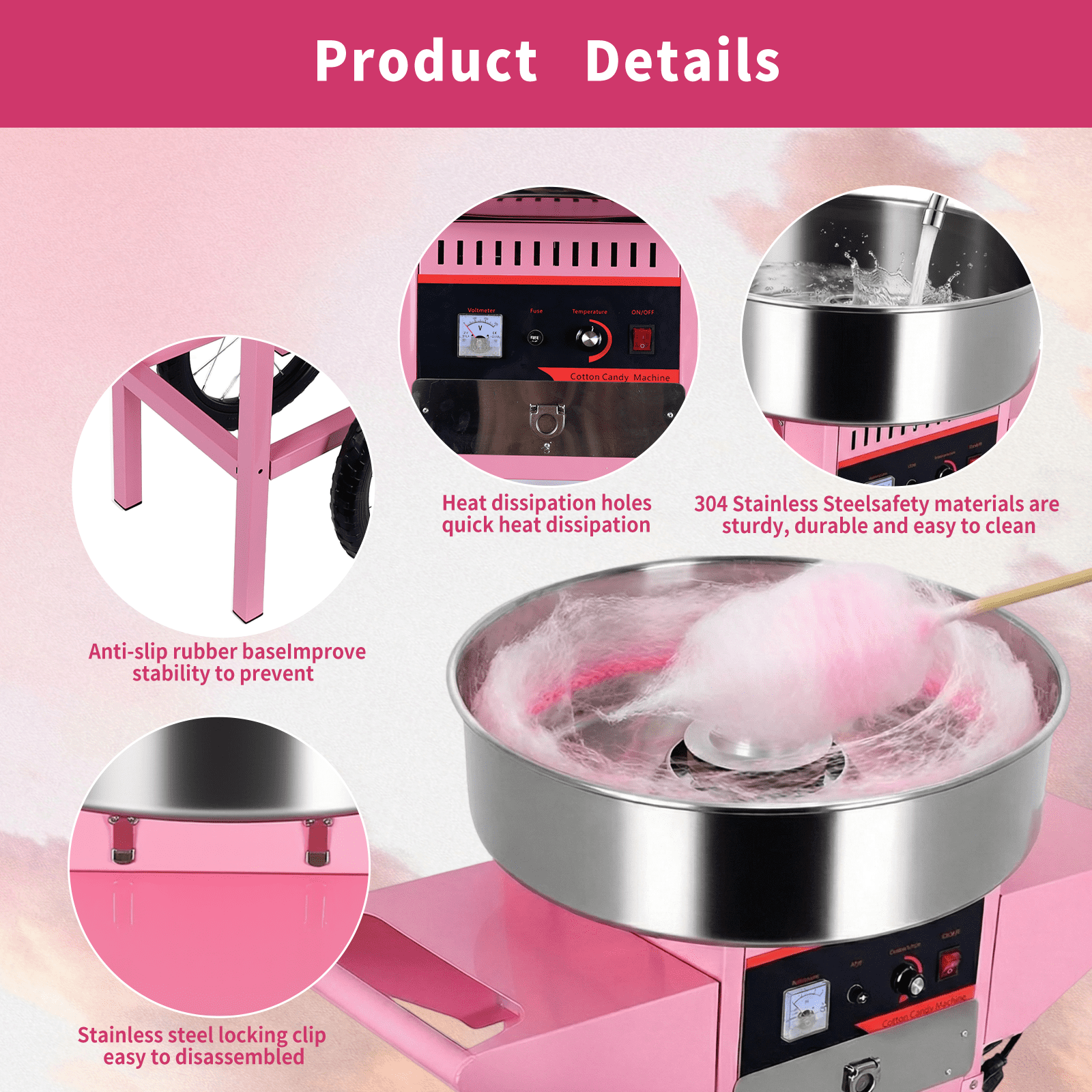 Electric Cotton Candy Machine Cart, Commercial Floss Maker, Cotton Candy Machine with Cover, Suitable for Indoor Celebration, Kids Playdate, Holiday Market