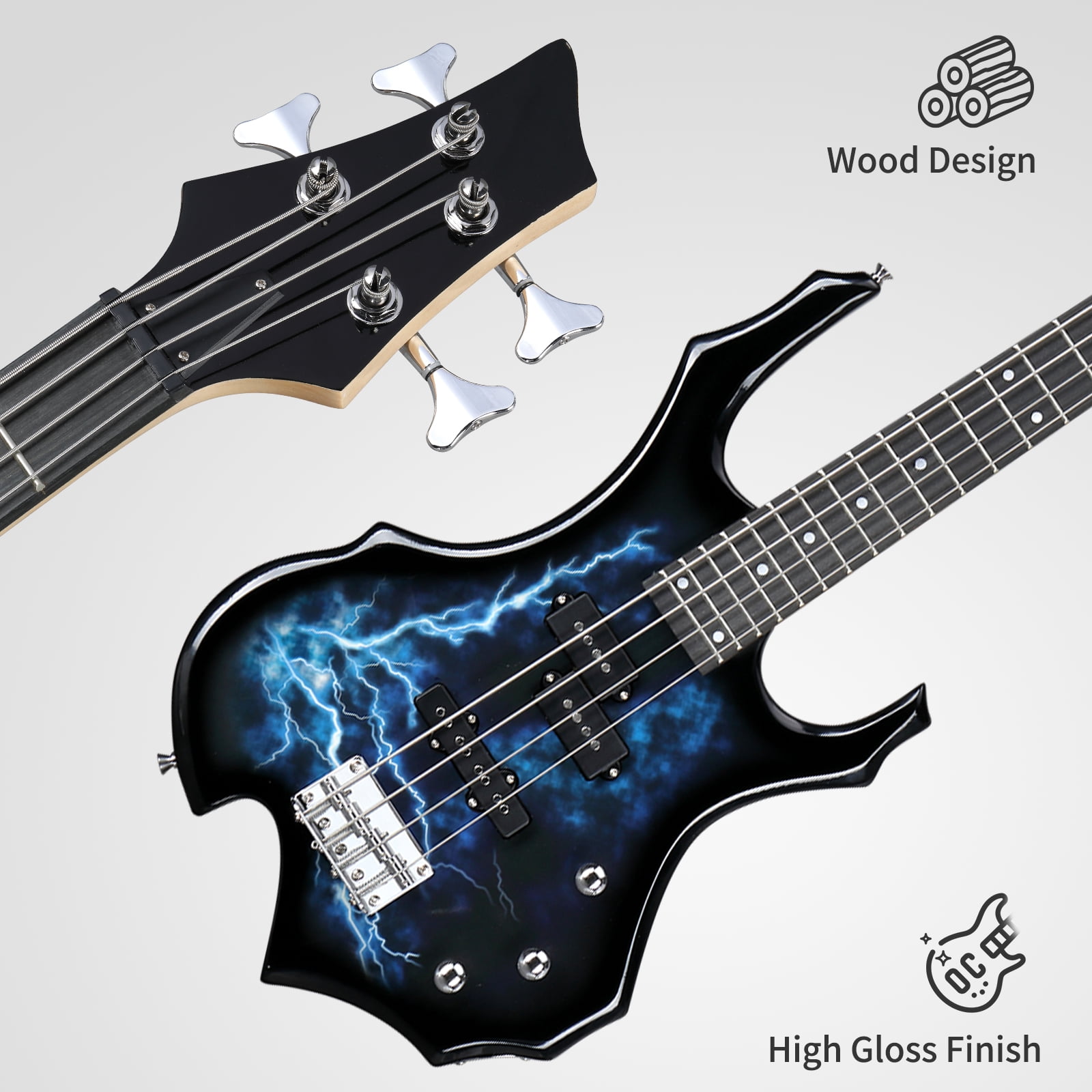 Glarry Full Size 4 String Electric Bass Guitar Burning Fire Tiger Stripe with SS Pickups and Amp, Blue