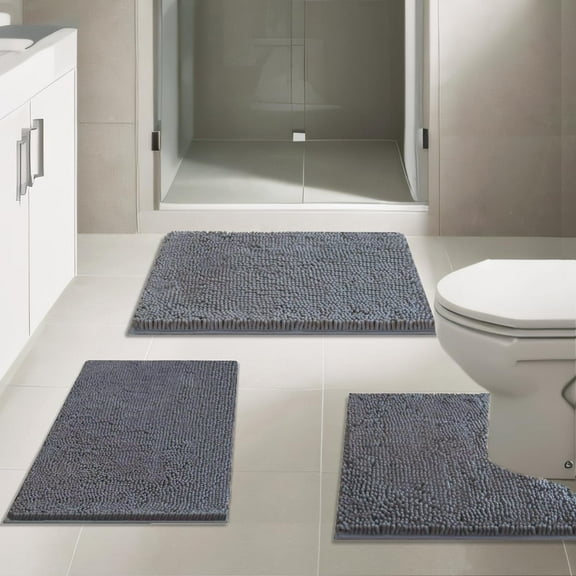 GoXteam Bathroom Rugs Sets of 3, Super Soft Absorbent Bath mat Set,with U-Shaped Toilet Rug,Strong PVC Underside Bathroom Rug,Antiskid Bath mats Washable Bathroom Mat, Gray
