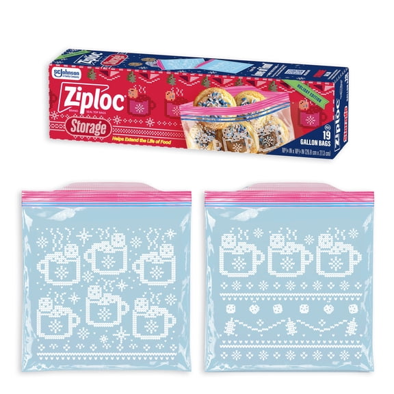 Ziploc® Brand Holiday Storage Gallon Bags, 19 Count, Reusable, Easy Open Tabs, Secure Double Zipper, Non-Slip Texture, Limited Edition, Festive Holiday Designs