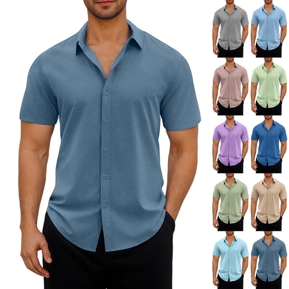 QIUOMBBP Mens Button Down Shirts Lapel Collared Solid Short Sleeve Dress Tees Loose Comfy Summer Business Casual Tshirts Light Blue XXL