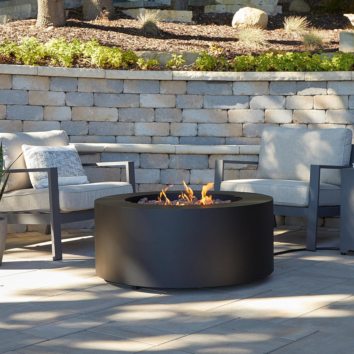 Real Flame Aegean 36" Round Steel Propane or Natural Gas Fire Pit Table in Black
