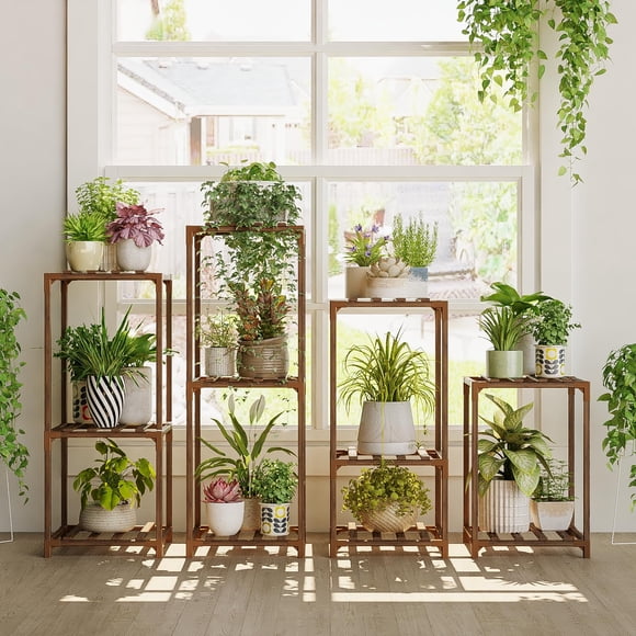 Soporte para plantas Bamworld, juego de 4 estantes de madera para interior y exterior
