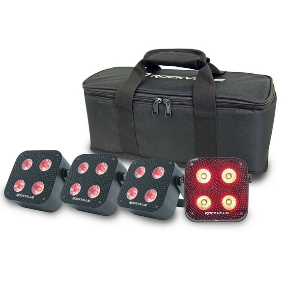 Rockville 4 PACK MINI IR4 Black DJ/Party Par Wash Up Lights Wireless DMX App Bag