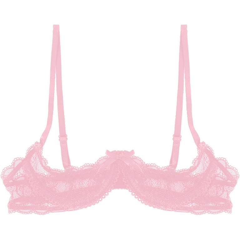 DPOIS Women's Sheer Lace 1/4 Cup Underwired Shelf Bra Balconette Unlined  Bralette Dusty Pink 3XL 