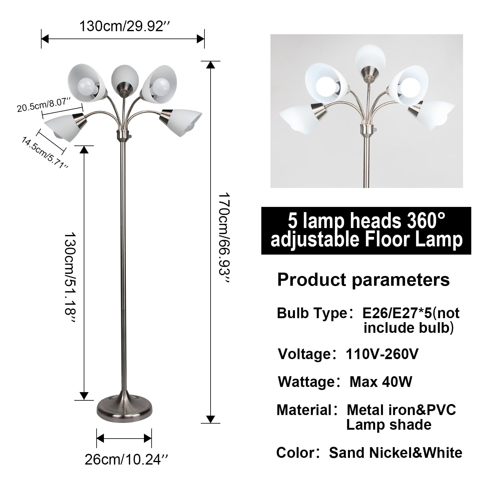 5-Light Metal Tree Floor Lamp with Adjustable Arms, 67" Tall pole Standing Reading Light for Living Room, Sand Nickel Modern Floor Lamp  (Bulb Not Included)
