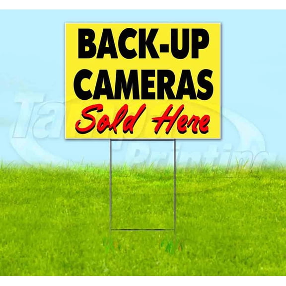 Back-Up Cameras Sold Here Yellow Cursive (18" x 24") Yard Sign, Includes Metal Step Stake