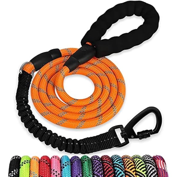 Eryueer Rope Dog Leash 4 FT: Heavy Duty Leashes with Swivel Lockable Hook Reflective Threads Bungee and Padded Handle - Dog Lead for Large Small Medium Dogs Outside Walking Hiking Orange