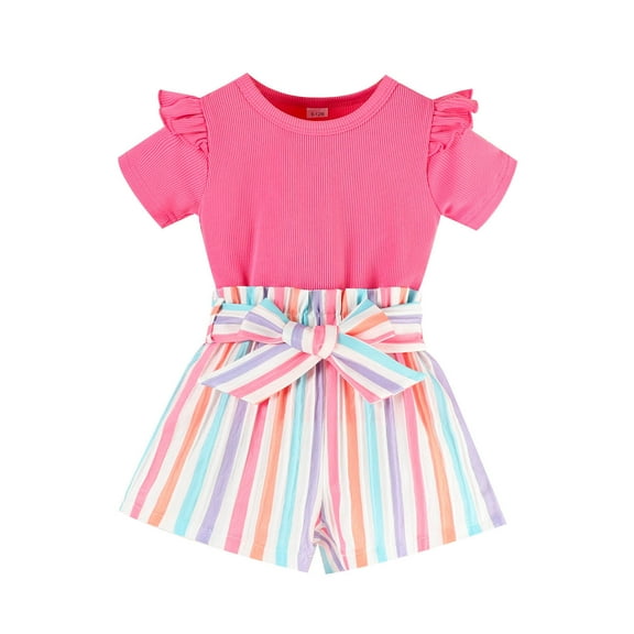 Tisuna Outfit Set For Girls Infant Solid Color Short Sleeve Crew Neck Tops And Striped Print Shorts Set Lightweight Soft Baby Girls Summer Clothes Pink Size 9-12 Months