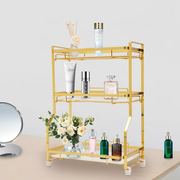 3-Tier Bathroom Countertop Organizer Bathroom Vanity Counter Organizer White & Golden 32*16.5*42.5cm