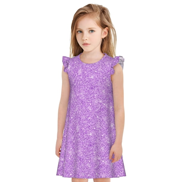 Fotbe Lilac Glittering Vestido de Dormir para Niñas de 3 a 10 Años, Mangas Cortas, Estilo Princesa, Pijama Camisón con Mangas Voladas-Large