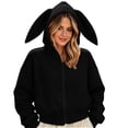 thumbnail image 3 of Tqcoqu Women's Cute Bunny Ear Zip Up Hoodie,Cropped Long Sleeve Loose Casual Sweatshirt Jacket with Kangaroo Pocket,2026 Trendy Outerwear Tops,Black Women's S-XXL, 3 of 7