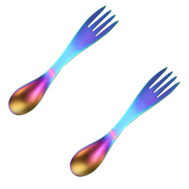 Oleegame 2PC Stainless Steel Cutlery Set Multifunctional Spoon Creative Stainless Steel Spoon Fork Dual Purpose Spoon Fork