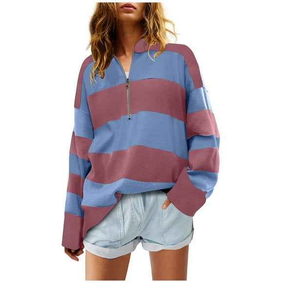 Jsaierl Zip Mock Neck Sweatshirts for Women Loose Fit Color Blocked Sweatshirts Striped Casual Long Sleeve Pullover Tops