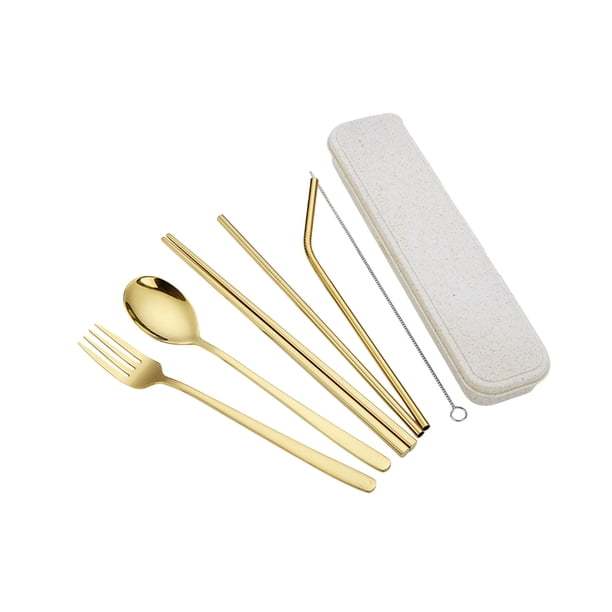 Juego de cubiertos de acero inoxidable, utensilios portátiles con cuchillo, tenedor, cuchara, palillos, pajitas y cepillo, juego de 7 piezas para acampar y viajar, guardado en estuche de transporte.