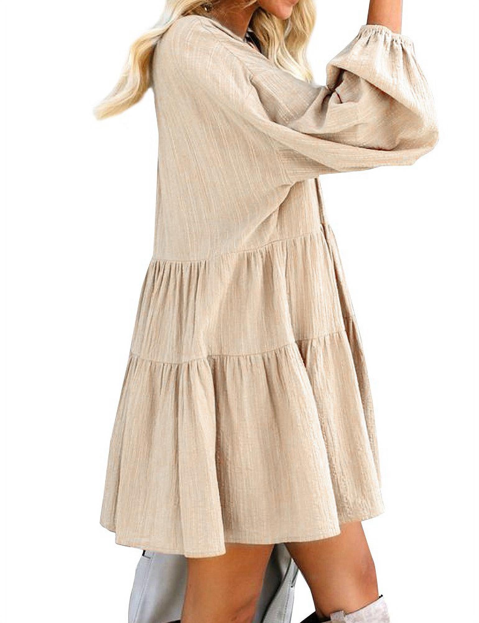 FANCYINN Long Sleeve Shift Tunic Dress Ruffle Swing Babydoll Juniors Mini  Tiered Dress with Pockets Beige M - Walmart.com