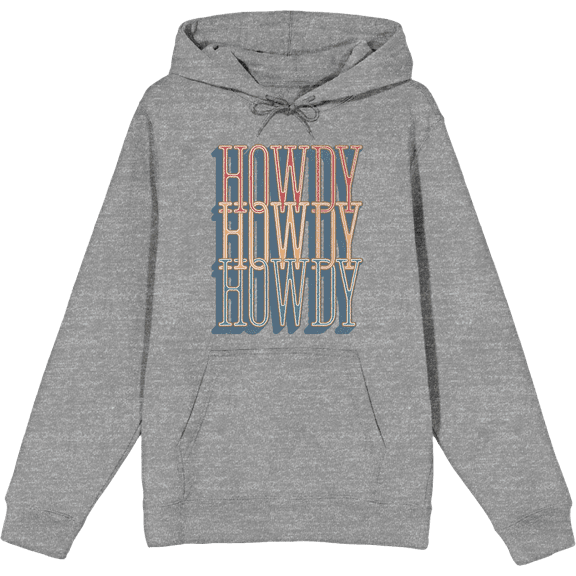 Western Howdy Repeat Text Long Sleeve Adult Hooded Sweatshirt-Medium-Heather Gray