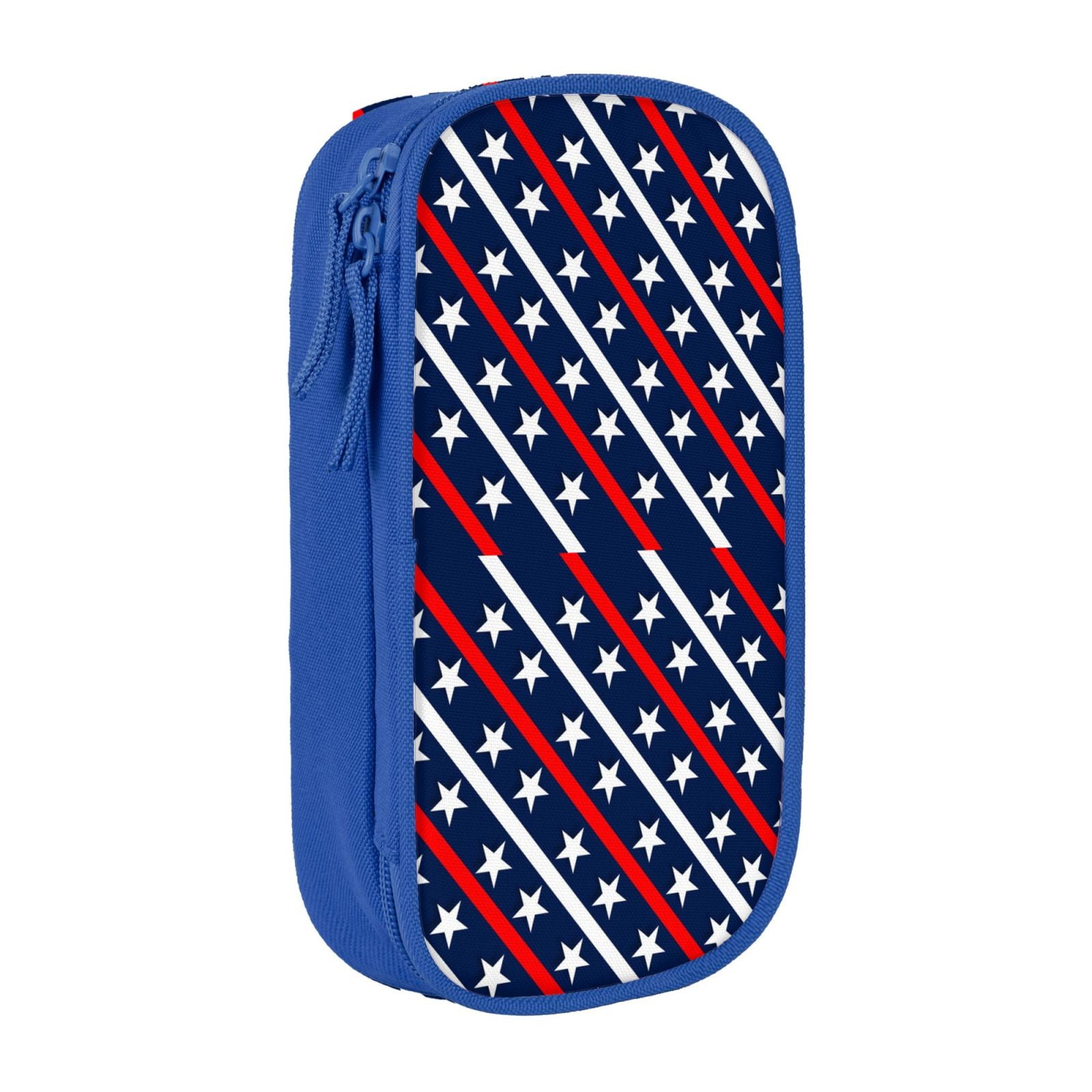 XMXY Patriotic Red White Blue Pencil Pencil Stars Large Strips Capacity Case, Compartments Bags Zipper Blue with Portable