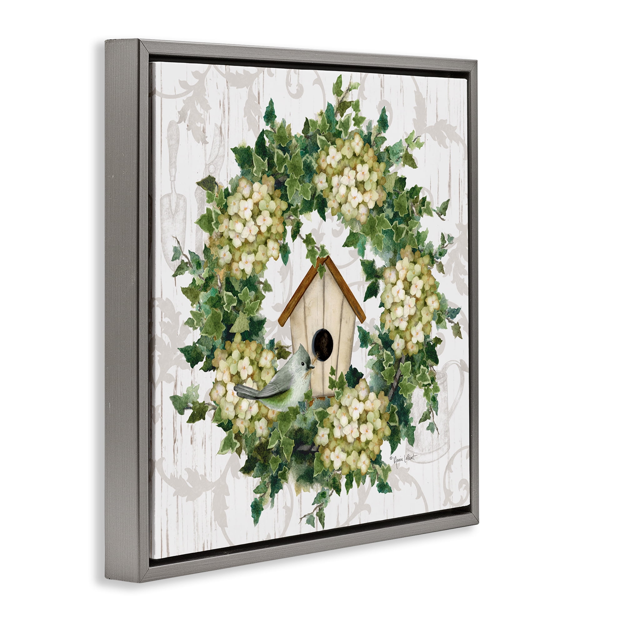 Stupell Industries Spring Birdhouse Wreath Botanical & Floral Painting Gray Floater Framed Canvas Art Print Wall Art, 25 x 25