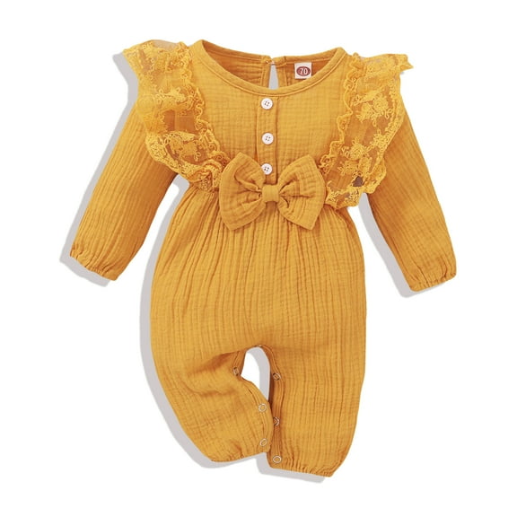 Kucnuzki Newborn Baby Girls Bodysuits Ruffle Long Sleeves Solid Color Rompers with Bowknot One-piece Fall Yellow 0-3 Months