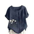 thumbnail image 2 of UPPADA Linen Shirts for Women Casual Loose Fit Summer Tops Floral Print Crew Neck Buttons Shirts Short Sleeve Trendy Blouses Plus Size Tunic Blouse Loose Fit Baggy Daisy Blouses Navy,XXXXL, 2 of 4