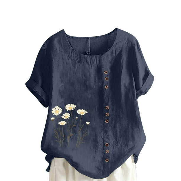 Camisetas de Manga Corta para las Mujeres Impreso Botón de Manga Corta Camiseta Blusa Poliéster, Ropa Casual Mirar Superior para las Mujeres