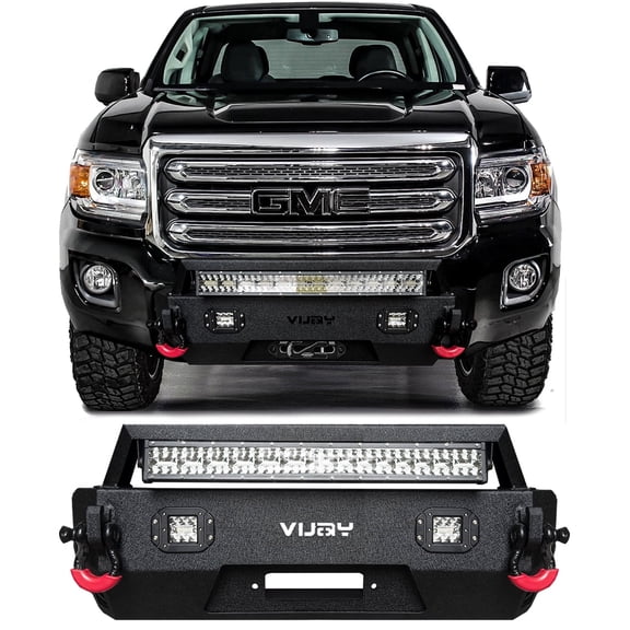 Vijay Compatible with 2015-2016-2017-2018-2019-2020 GMC Canyon Front Bumper Textured Black Steel with 3xLights and 2xD-rings