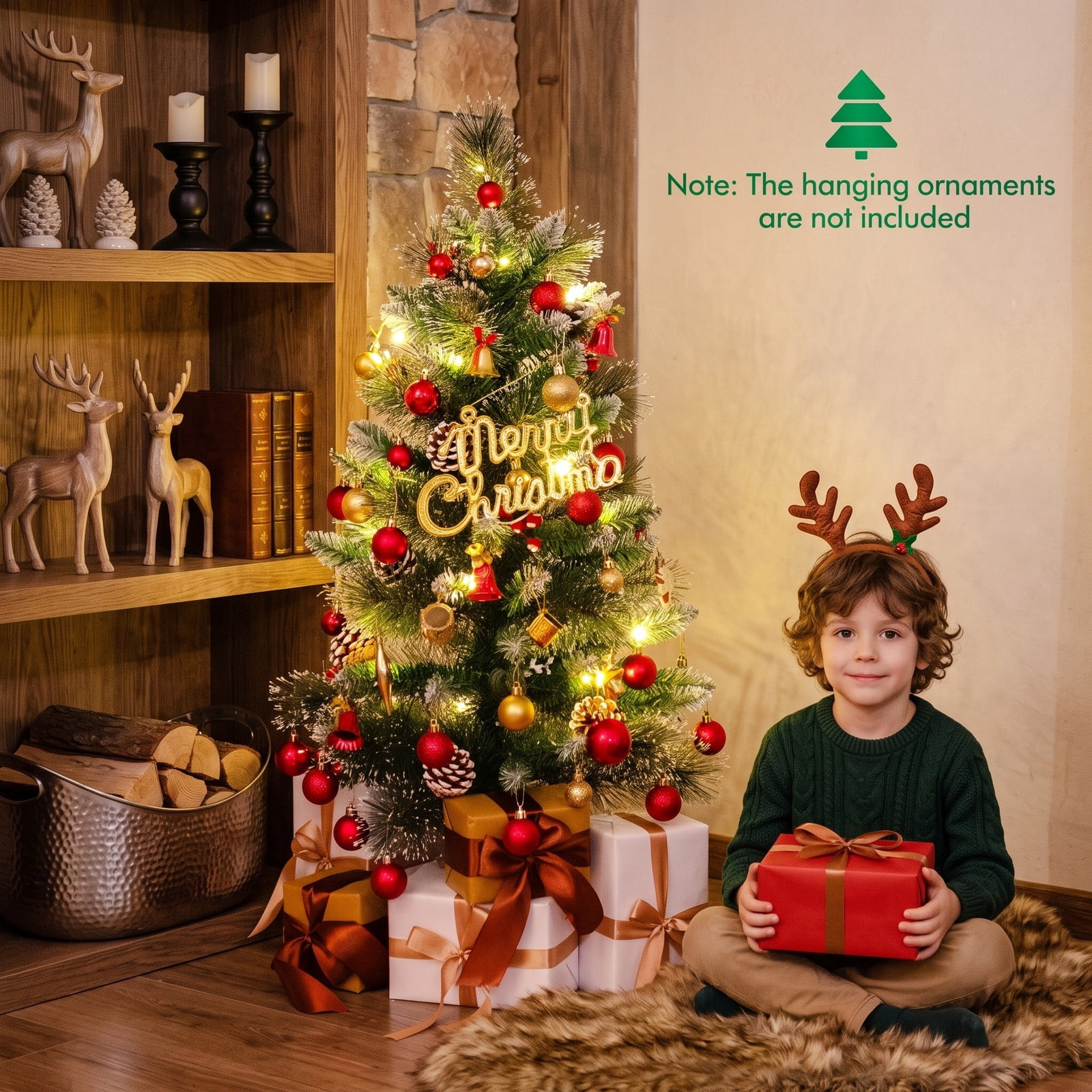 RUIE 3 FT Battery-Operated Tabletop Christmas Tree, Pre-Lit Artificial Mini Xmas Tree with 20 Warm White LED Lights, 81 Branch Tips, Red Berries & Pine, Green & White