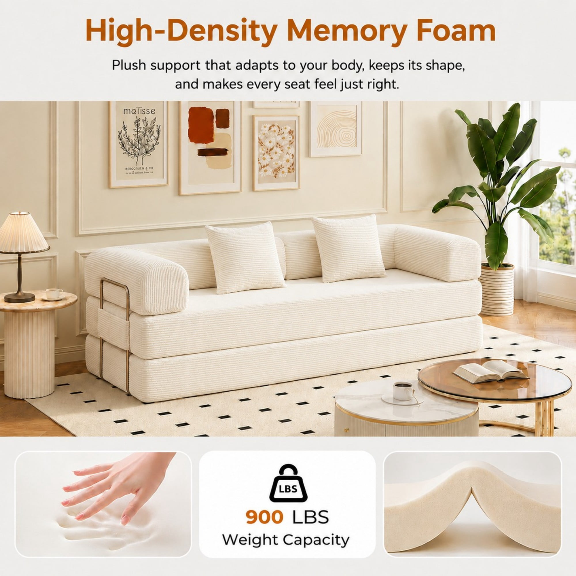 DEALTOPS 79" Convertible Corduroy Floor Sofa Bed, Modular Sleeper Couch with Memory Foam, Beige