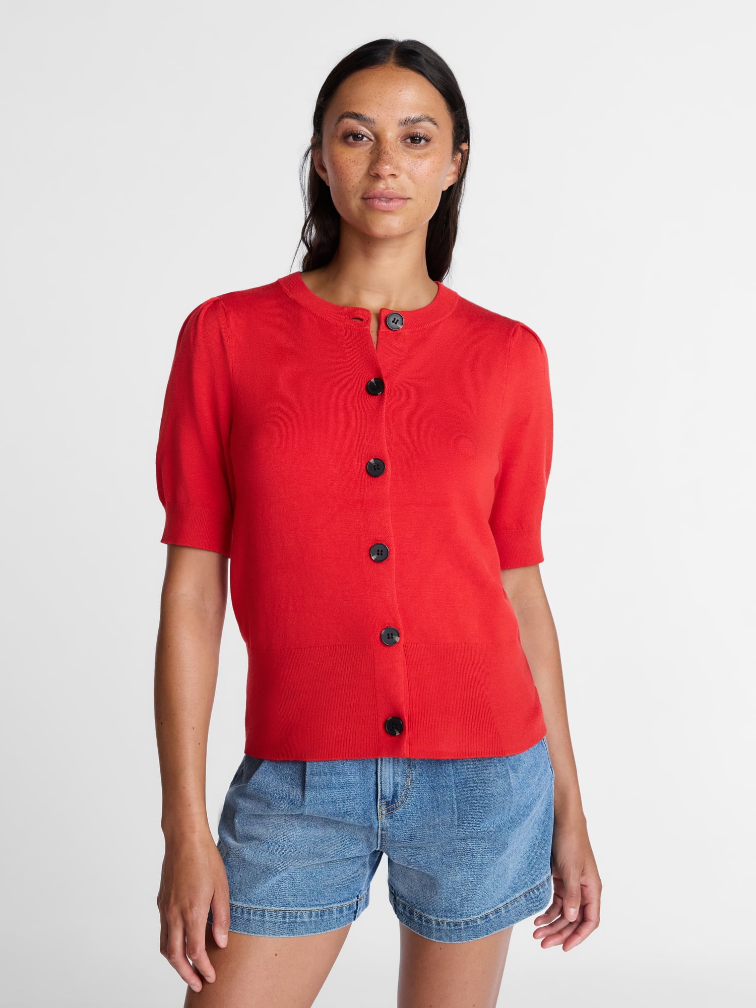 Time and Tru Woman's Crew Cardigan with Short Sleeves, Sizes XS-XXXL