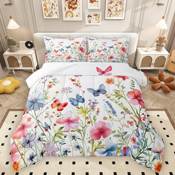 Homewish Chic Flowers Bedding Comforter Set 2pcs for Teens Boys Girls,Spring Garden Twin Comforter Sets Microfiber,Flying Butterflies Breathable Bedding Set,Lightweight Room Decor