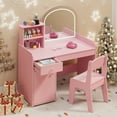 thumbnail image 3 of Kids Vanity Table and Chair Set with 2-Tier Open Shelves and Drawer, Noelse Pink Vanity Set with Mirror and Lights for Pretend Play, Girls Vanity Desk for Bedroom, 3 of 10