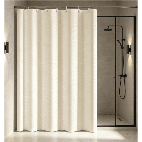 Beige Waffle Shower Curtain, Cream Shower Curtain for Bathroom, 3D Embossed Textured Fabric Farmhouse Shower Curtain Soft Cloth, Water Repellent, Machine Washable, Hotel Style, 35" W x 71" L, Cream