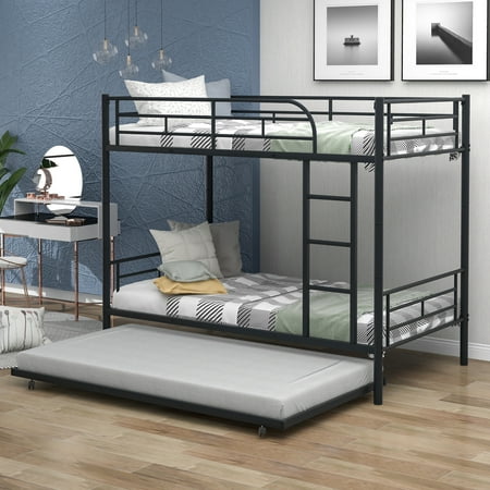 Twin-Over-Twin Metal Bunk Bed With Trundle  Can Be Divided Into Two Beds  No Box Spring Needed  White 667AAB