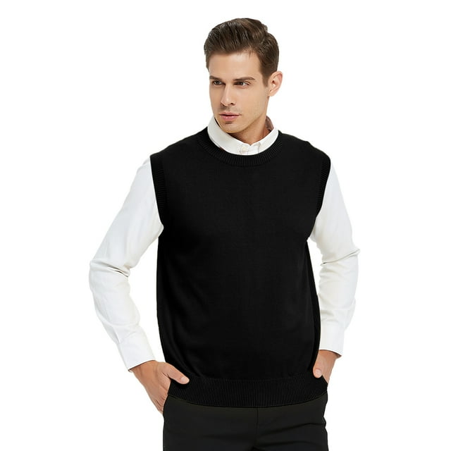 TOPTIE Men's 100% Cotton Knit Sweater Vest, Crew Neck Solid Color