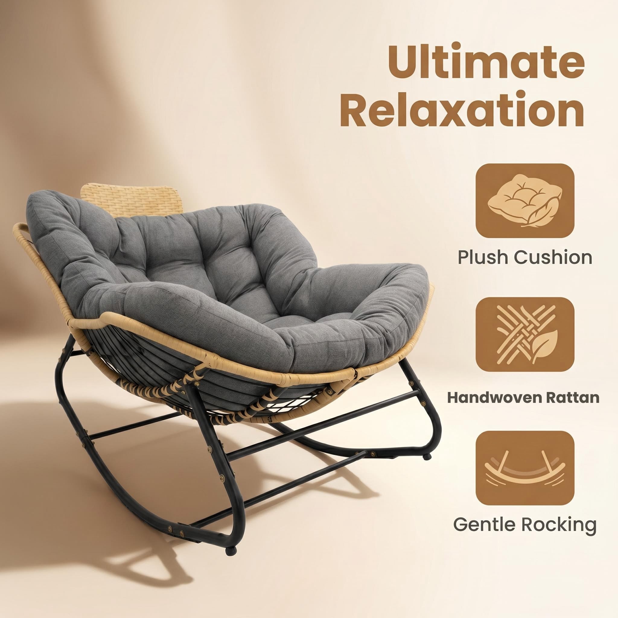 39.37" Rocking Chair Outdoor, Oversized Patio Egg Chair with Thick Cushion And Handwoven Rattan Head Pillow,Indoor Wicker Lounge Rocker Bed for Balcony, Porch, Garden, Dark Grey