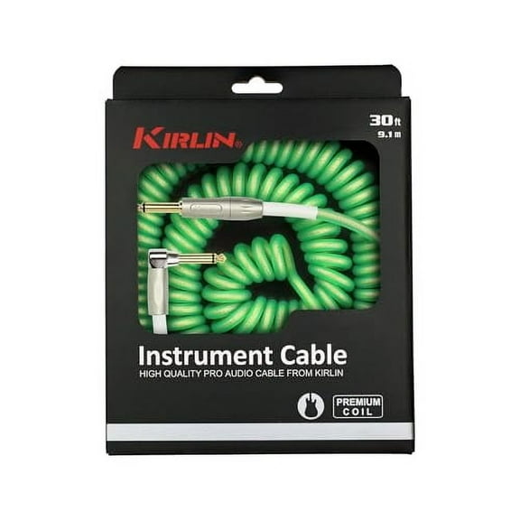Cable Kirlin IMK-202PFGL-30/GRF-Straight to Right Angle ¼” Premium Coil Instrument Cable, Green Translucent PVC Jacket-30ft, 1/4" Mono Plug, (IMK-202PFGL-30/GRF)